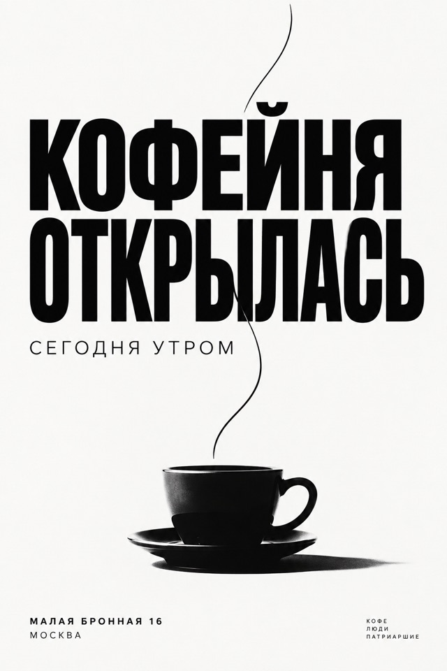 Пример постера: открытие кофейни, чёрно-белая типографика